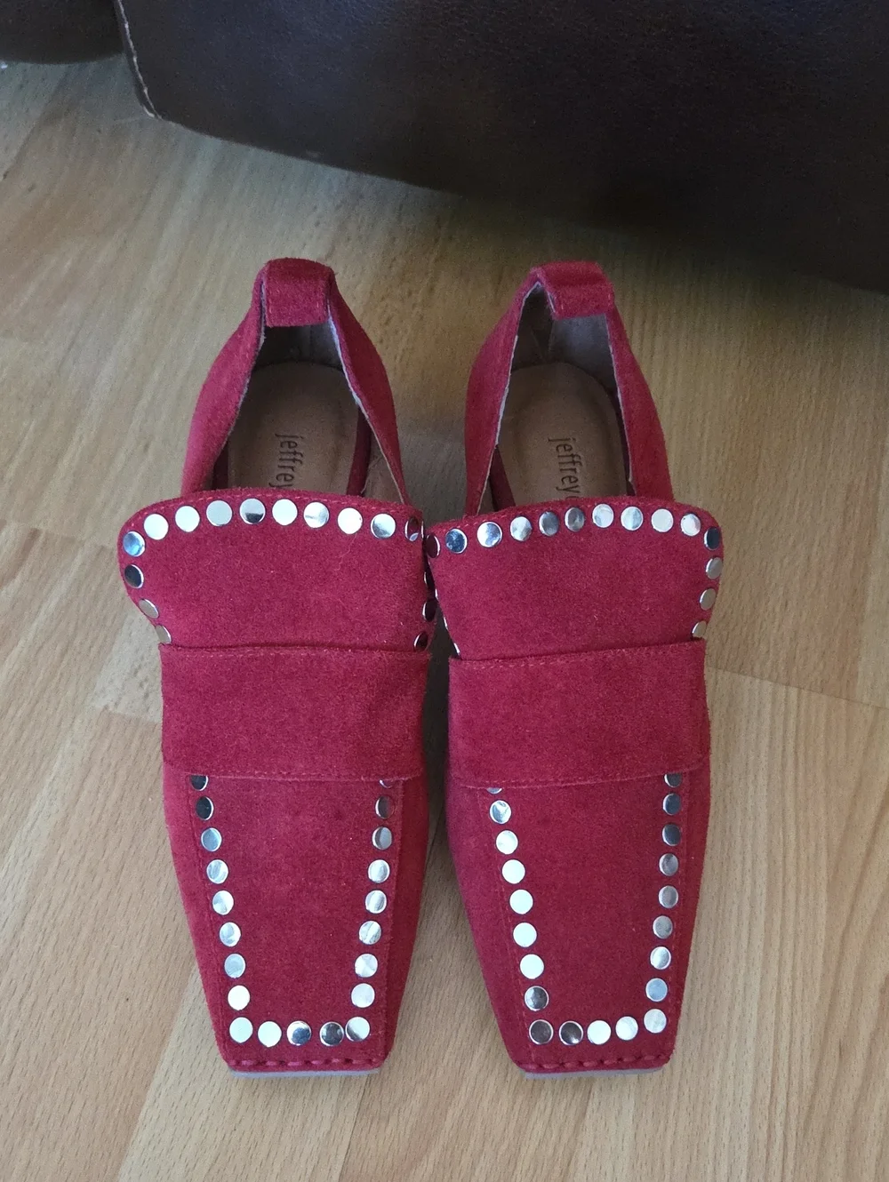 Jeffrey Campbell Cedar Red Suede Studded Square Toe Heel Loafer Size 6